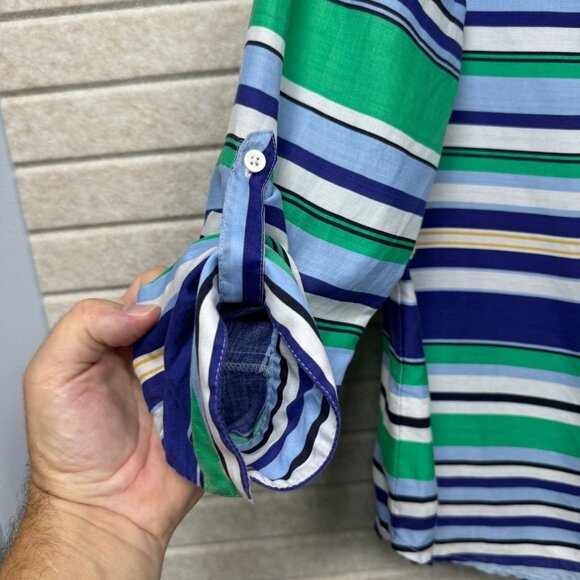 Talbots Striped Tunic Shirt Blue Green Long Sleeve Mandarin Collar SP Petite - Picture 3 of 11